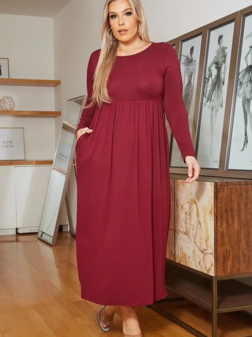 Women’s Long Sleeve Maxi Dress in Burgundy - Picture 1 of 5